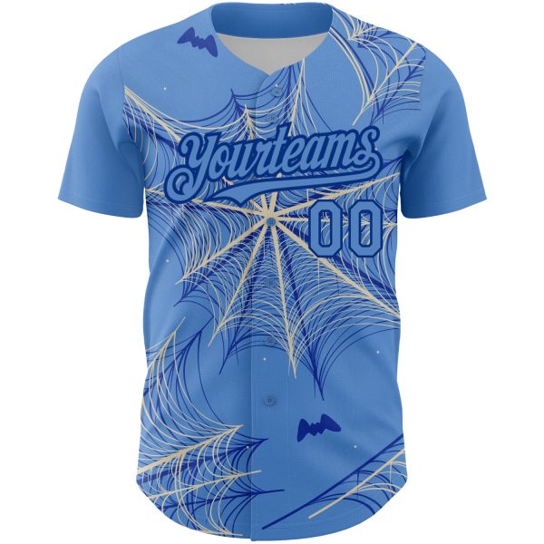 Custom Light Blue Cream-Royal 3D Pattern Design Spider Web Authentic Baseball Jersey - Image 2