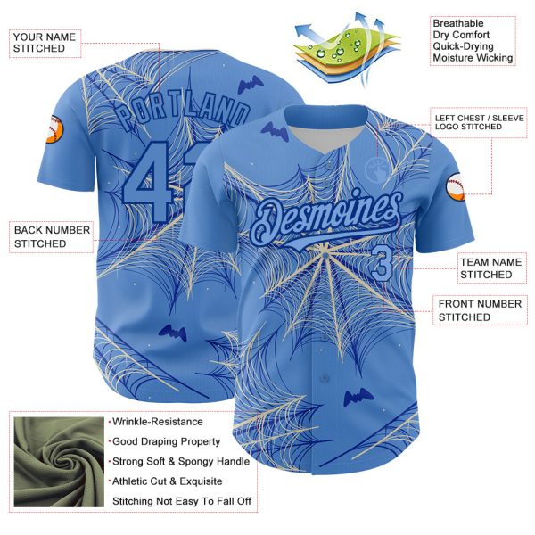 Custom Light Blue Cream-Royal 3D Pattern Design Spider Web Authentic Baseball Jersey - Image 3