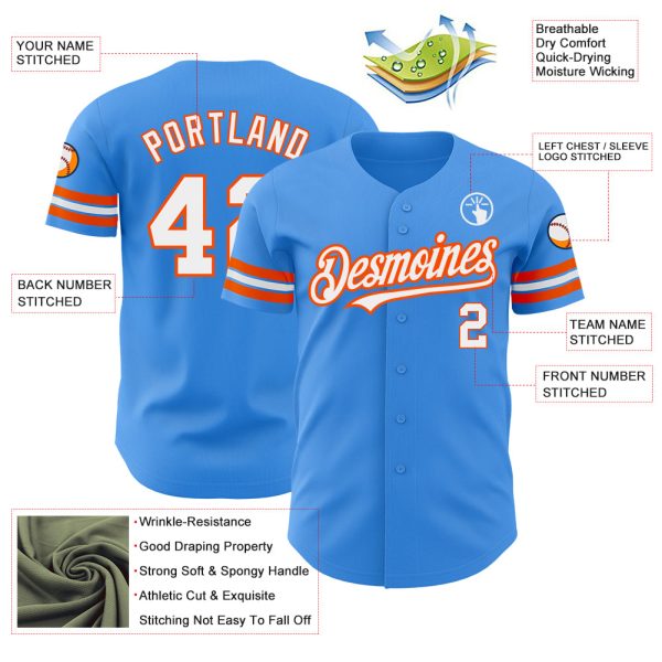 Custom Electric Blue White-Orange Authentic Baseball Jersey - Image 3