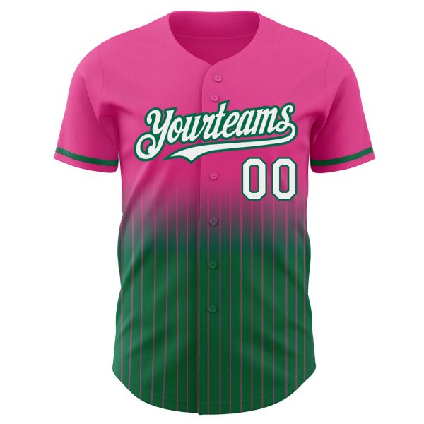 Custom Pink Pinstripe White-Kelly Green Authentic Fade Fashion Baseball Jersey - Image 3