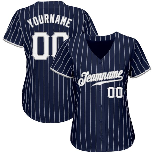 Custom Navy White Pinstripe White-Gray Authentic Baseball Jersey - Image 2
