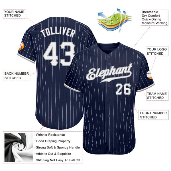 Custom Navy White Pinstripe White-Gray Authentic Baseball Jersey - Image 3