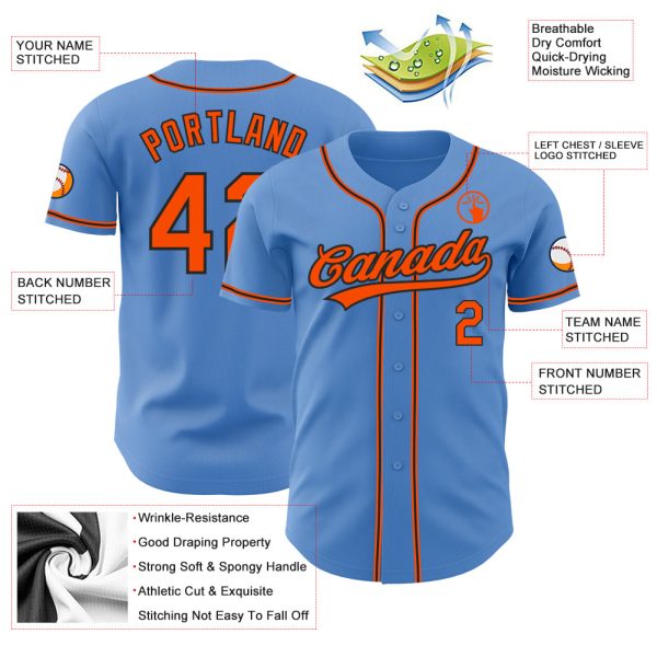 Custom Powder Blue Orange-Black Authentic Baseball Jersey - Image 3