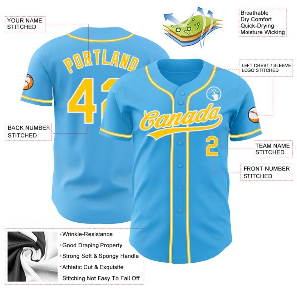 Custom Sky Blue Yellow-White Authentic Baseball Jersey - Image 3