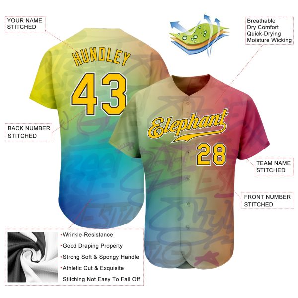 Custom Graffiti Pattern Gold-Black 3D Authentic Baseball Jersey - Image 3