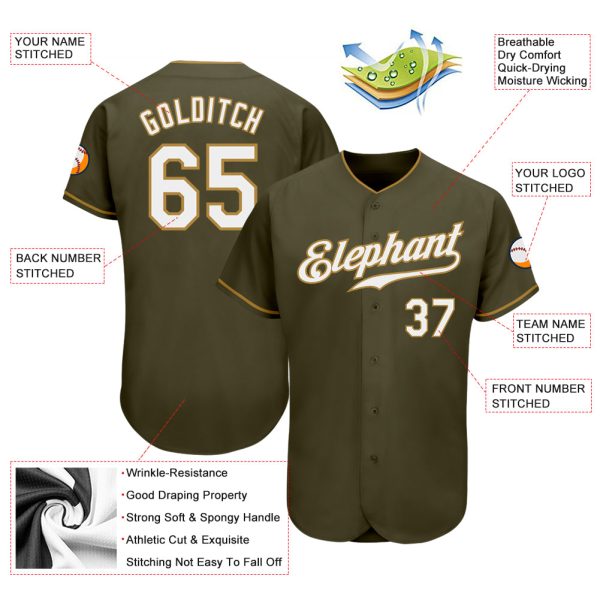 Custom Olive White-Old Gold Authentic Salute To Service Baseball Jersey - Image 3