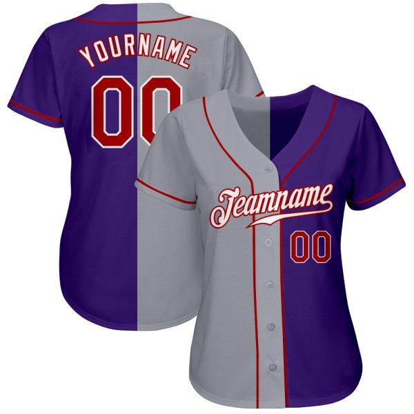 Custom Purple Red-Gray Authentic Split Fashion Baseball Jersey - Image 2